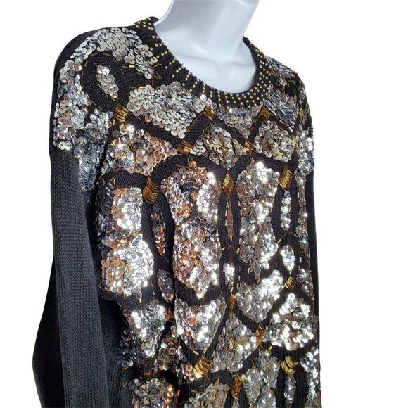 Vintage Sequin Beaded Bling Sweater Black Silver Gold Western Connection L - Picture 2 of 5